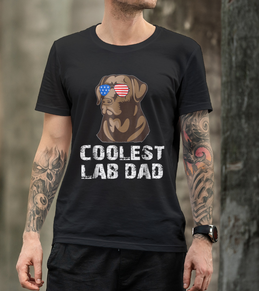Coolest Lab Dad Chocolate Labrador With American Flag Sunglasses T-Shirt