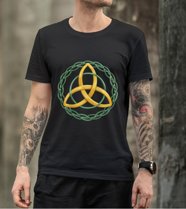 Irish Celtic Trinity Knot Green And Gold Interwoven T-Shirt