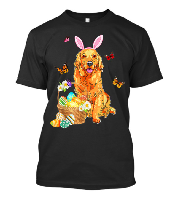 Golden Retriever With Bunny Hat Surrounded By Easter Eggs And Butterflies T-Shirt