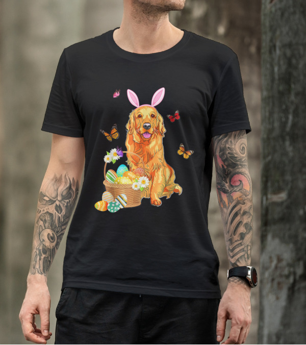 Golden Retriever With Bunny Hat Surrounded By Easter Eggs And Butterflies T-Shirt