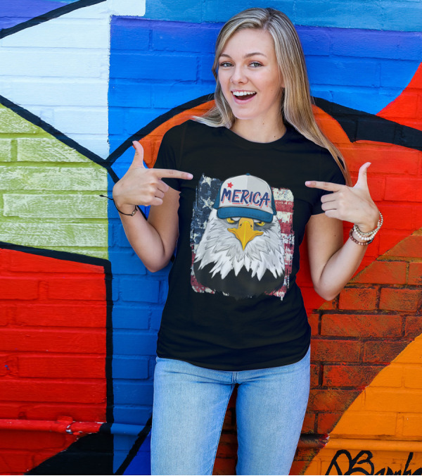 Merica Bald Eagle Hat American Flag Background T-Shirt