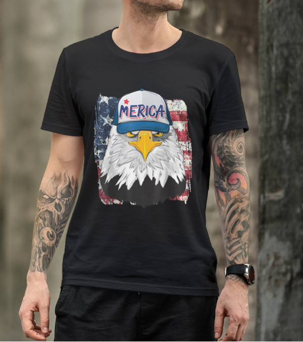 Merica Bald Eagle Hat American Flag Background T-Shirt