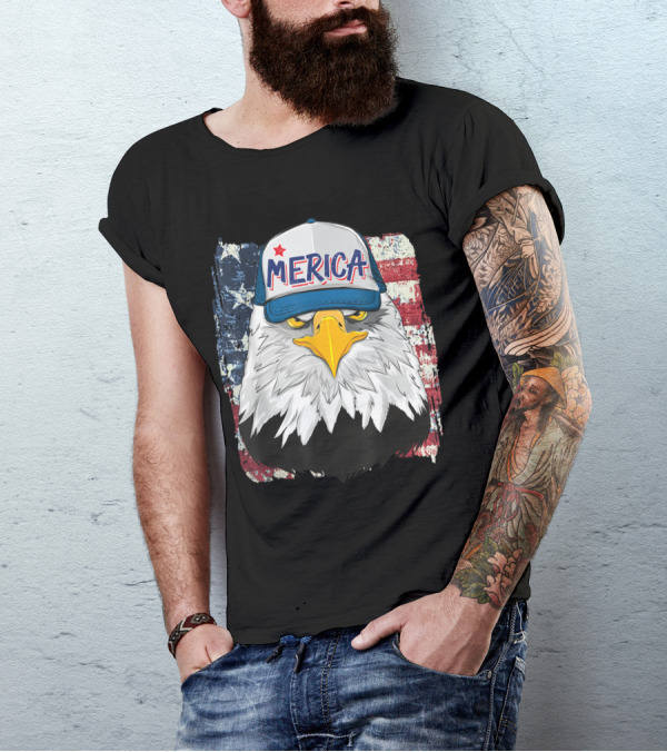 Merica Bald Eagle Hat American Flag Background T-Shirt