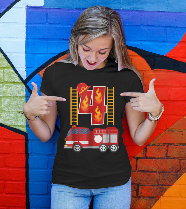 Number 4 Firefighter Birthday With Fire Truck And Flame Decorations T-Shirt