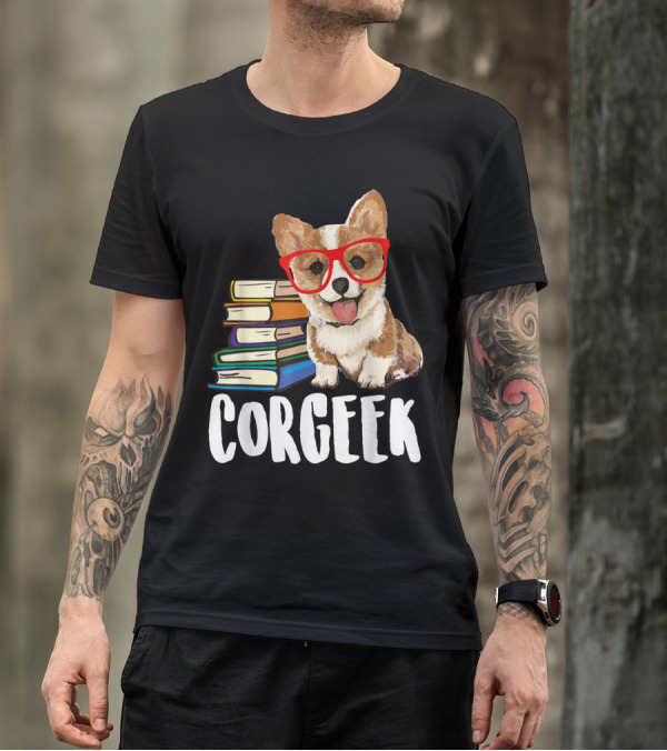 Corgeek Corgi With Glasses And Books Reading T-Shirt