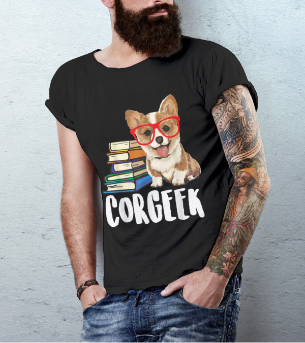 Corgeek Corgi With Glasses And Books Reading T-Shirt