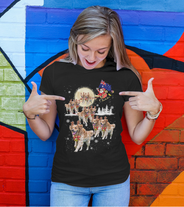 Golden Retriever Christmas Reindeer Santa Sleigh Australian Flag Snowflakes Moon Scene T-Shirt