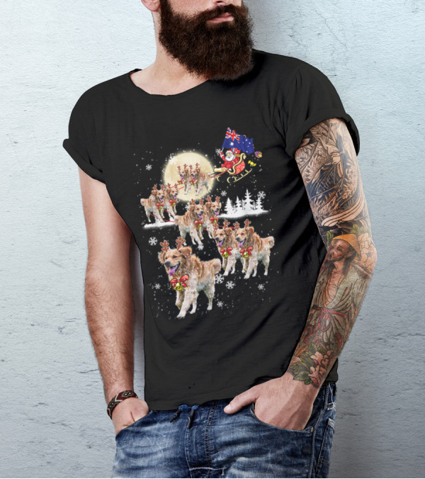 Golden Retriever Christmas Reindeer Santa Sleigh Australian Flag Snowflakes Moon Scene T-Shirt