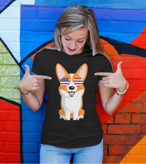 Corgi Wearing American Flag Sunglasses Patriotic T-Shirt