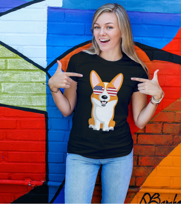 Corgi Wearing American Flag Sunglasses Patriotic T-Shirt
