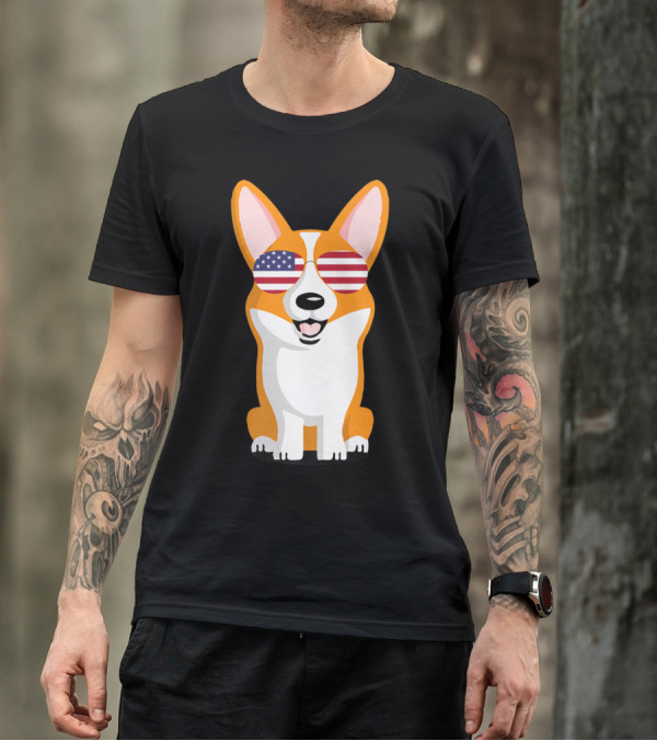 Corgi Wearing American Flag Sunglasses Patriotic T-Shirt