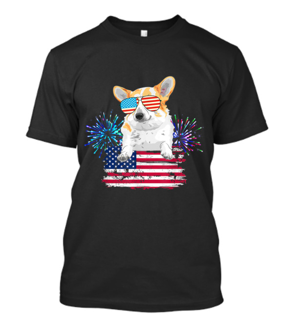 Corgi Sunglasses American Flag Fireworks T-Shirt