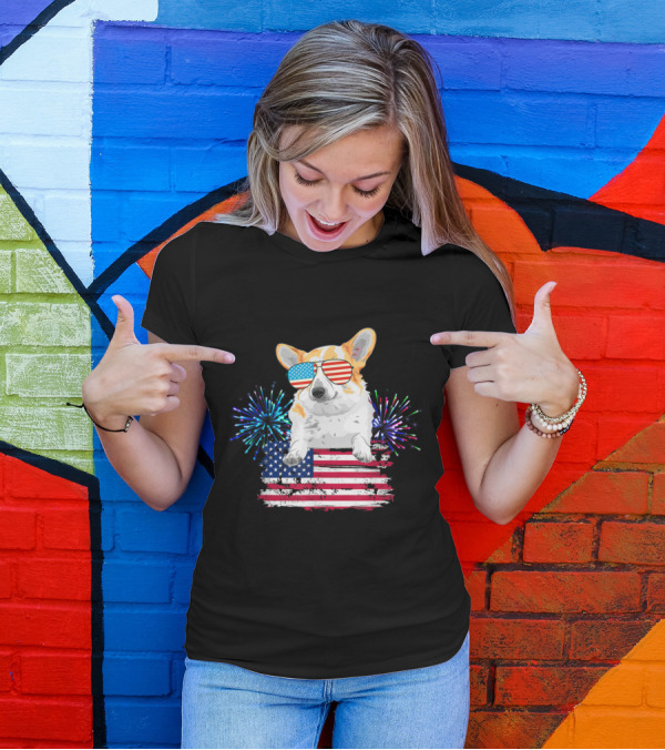 Corgi Sunglasses American Flag Fireworks T-Shirt
