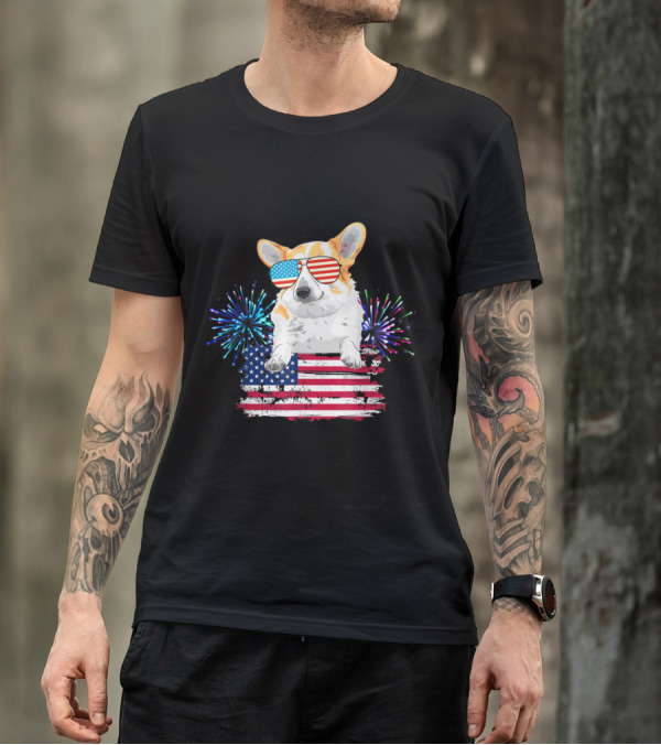 Corgi Sunglasses American Flag Fireworks T-Shirt