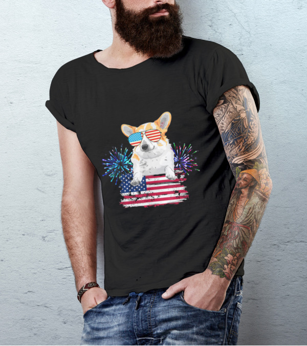 Corgi Sunglasses American Flag Fireworks T-Shirt
