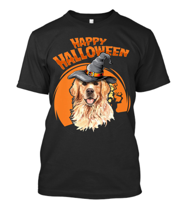 Happy Halloween Golden Retriever Witch Hat Pumpkin Background T-Shirt