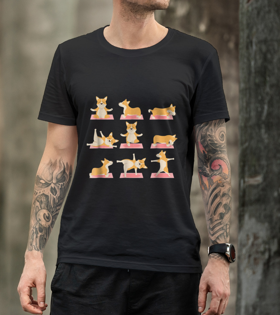 Corgi Yoga Poses Collection Dog On Mat Exercise Routine T-Shirt