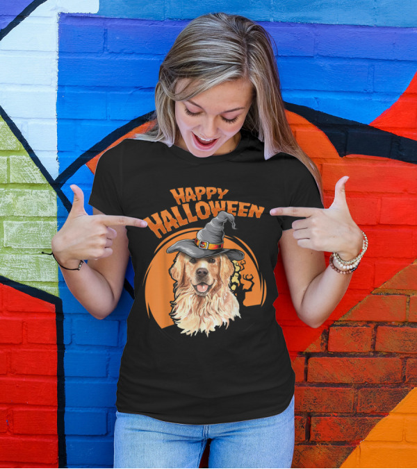 Happy Halloween Golden Retriever Wizard Hat Pumpkin T-Shirt