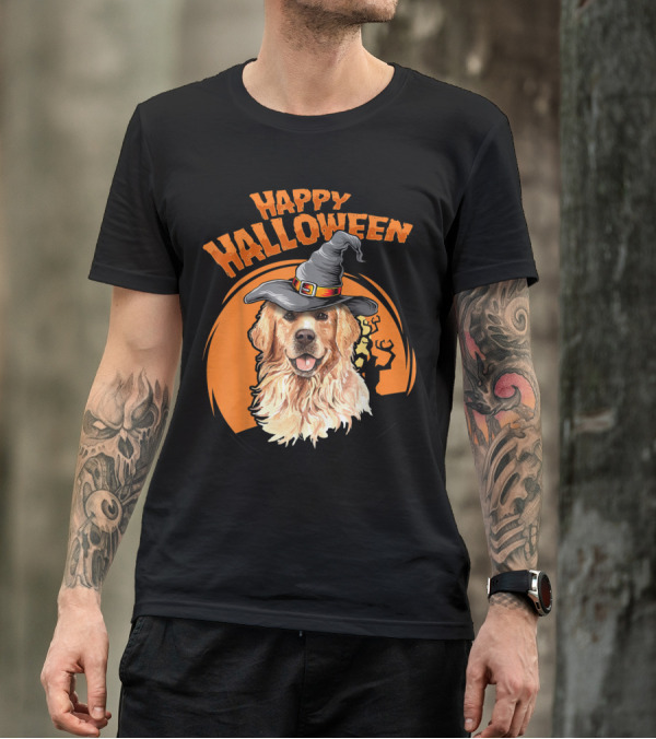 Happy Halloween Golden Retriever Wizard Hat Pumpkin T-Shirt