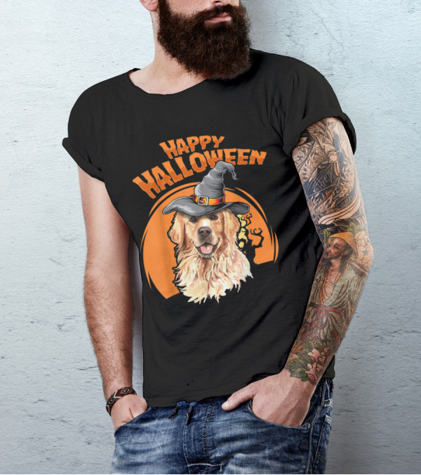 Happy Halloween Golden Retriever Wizard Hat Pumpkin T-Shirt