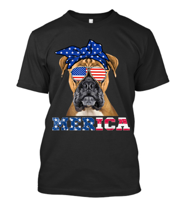 Merica Boxer Dog With American Flag Bandana And Sunglasses T-Shirt