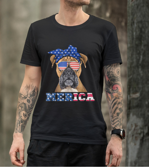 Merica Boxer Dog With American Flag Bandana And Sunglasses T-Shirt