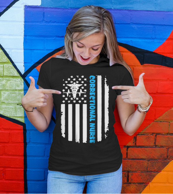 Correctional Nurse Blue Line Distressed American Flag With Medical T-Shirt