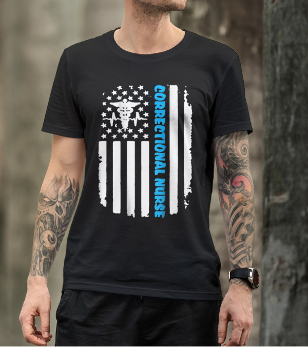 Correctional Nurse Blue Line Distressed American Flag With Medical T-Shirt