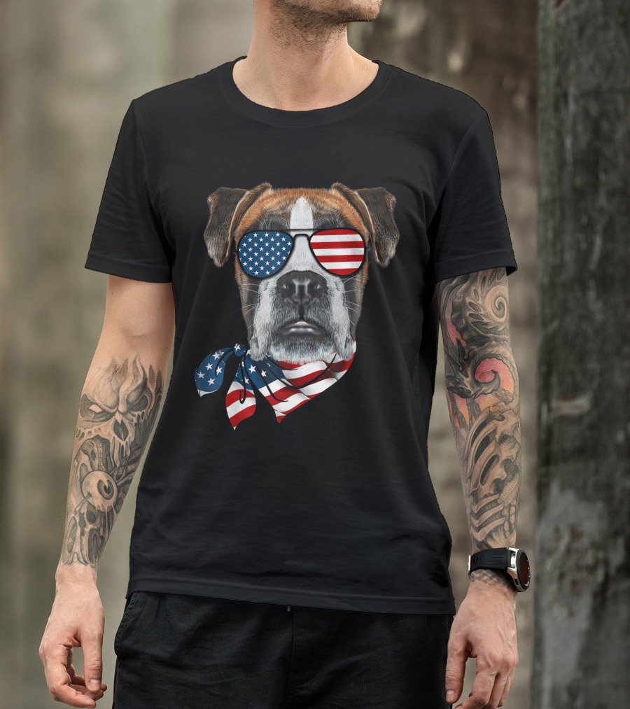 Boxer Dog With American Flag Sunglasses And Patriotic Scarf T-Shirt