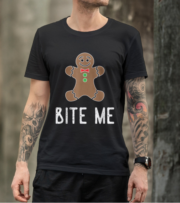 Bite Me Gingerbread Cookie With Red Bow Tie And Green Buttons T-Shirt