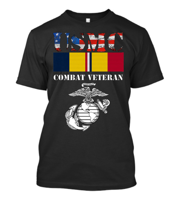 USMC Combat Veteran American Flag Ribbon Semper Fidelis Emblem T-Shirt