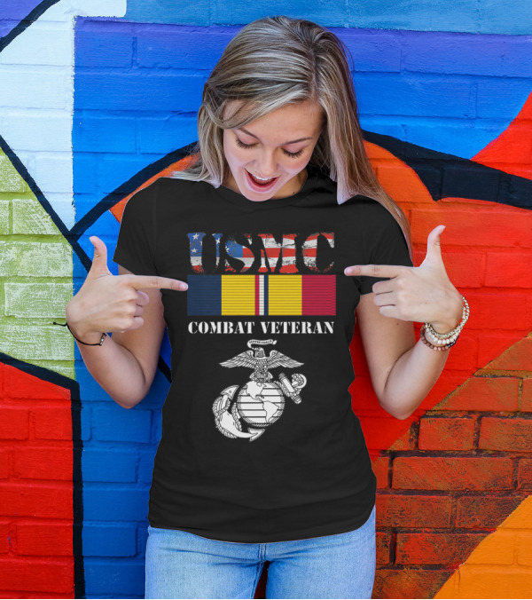 USMC Combat Veteran American Flag Ribbon Semper Fidelis Emblem T-Shirt
