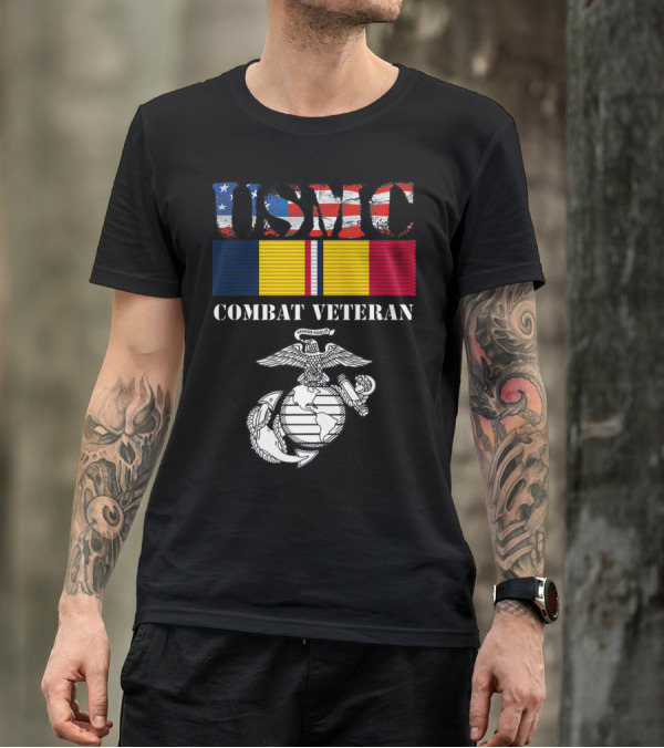 USMC Combat Veteran American Flag Ribbon Semper Fidelis Emblem T-Shirt