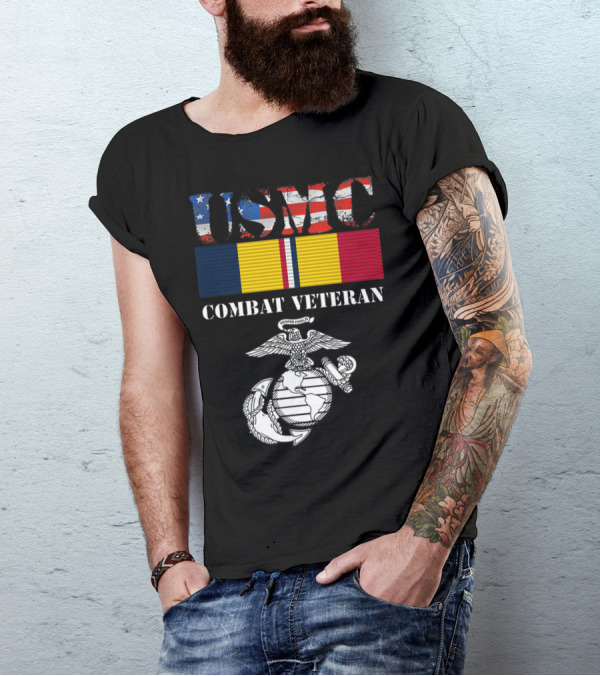 USMC Combat Veteran American Flag Ribbon Semper Fidelis Emblem T-Shirt
