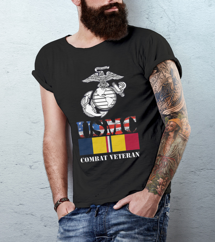 USMC Semper Fi American Flag Combat Veteran T-Shirt