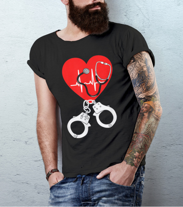 Correctional Nurse Heartbeat Stethoscope And Handcuffs T-Shirt