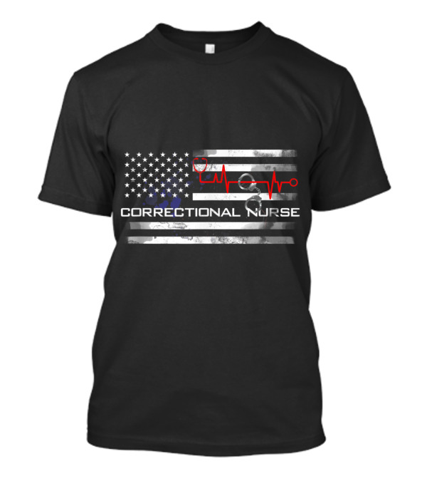 Correctional Nurse American Flag Stethoscope Heartbeat T-Shirt