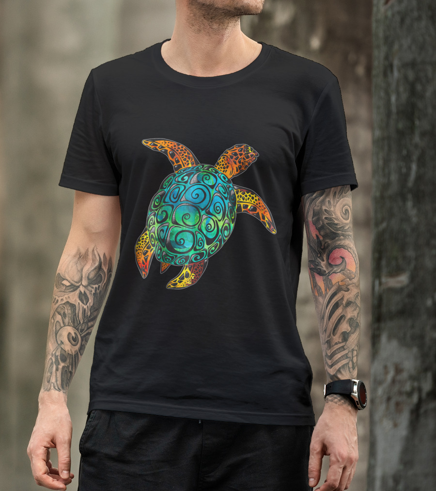 Cosmic Watercolor Sea Turtle Swirls And Patterns In Vibrant Blues And Greens T-Shirt