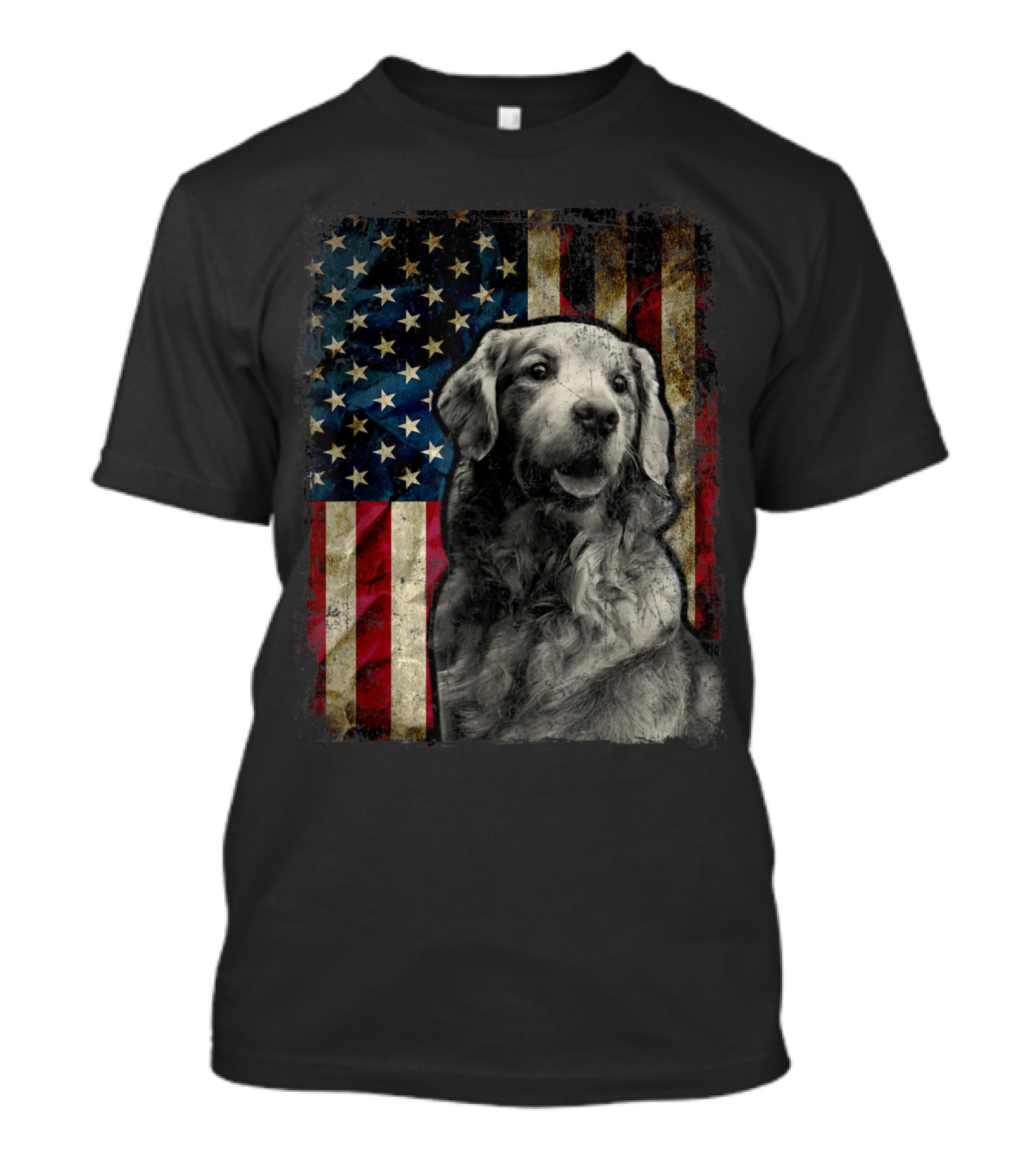 Golden Retriever Dog With American Flag Backdrop For 4th Of July T-Shirt