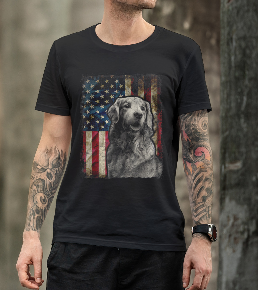 Golden Retriever Dog With American Flag Backdrop For 4th Of July T-Shirt