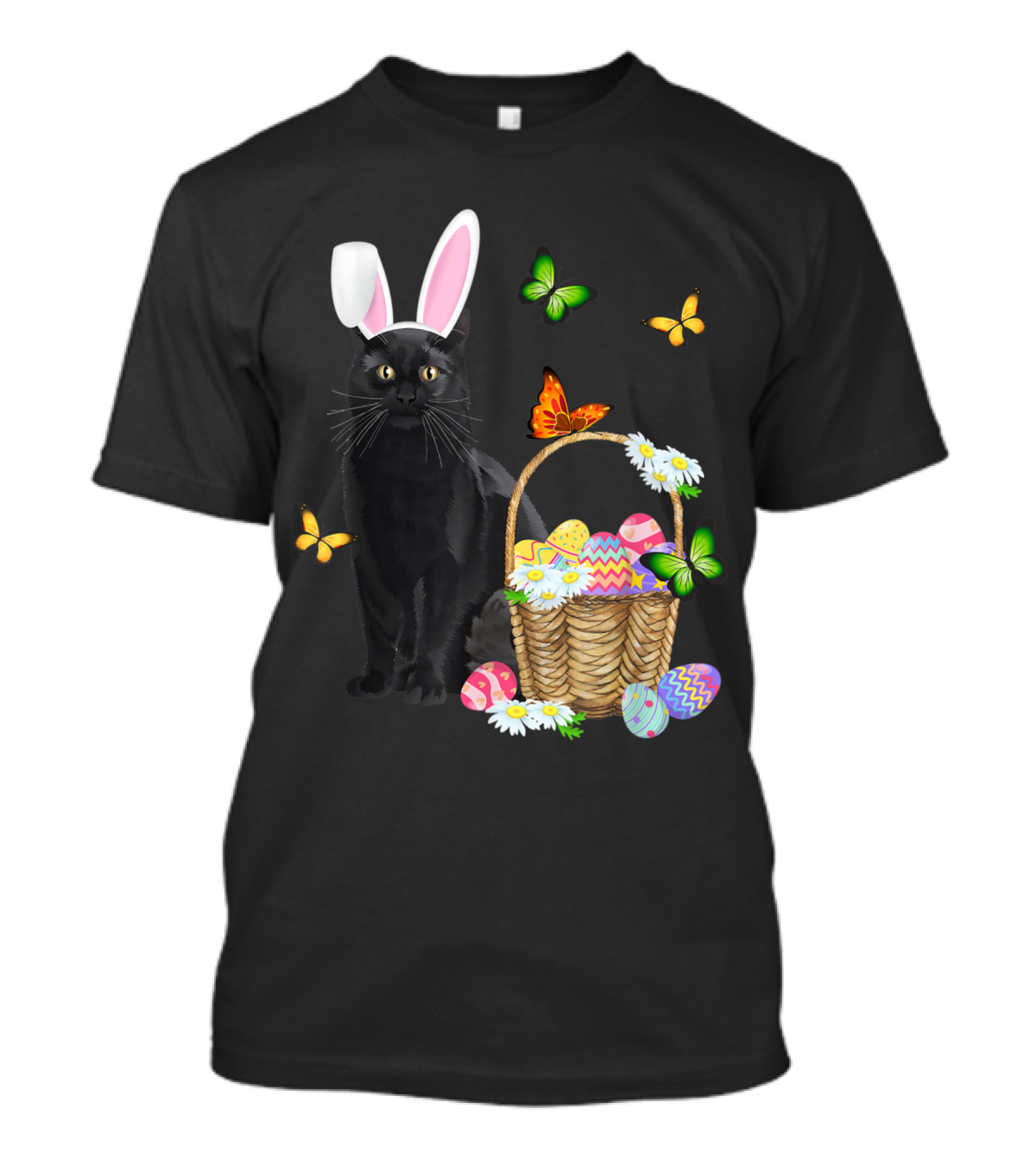 Black Cat Wearing Bunny Hat With Easter Eggs And Butterflies Basket T-Shirt