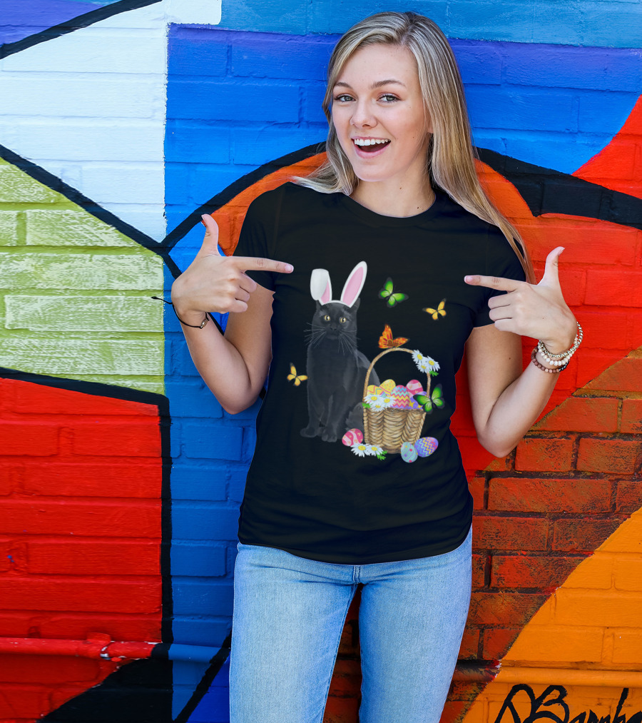 Black Cat Wearing Bunny Hat With Easter Eggs And Butterflies Basket T-Shirt
