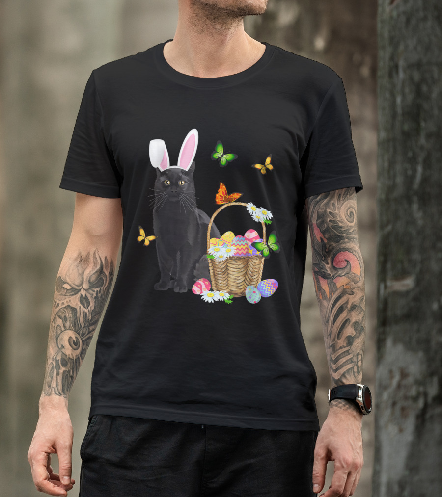 Black Cat Wearing Bunny Hat With Easter Eggs And Butterflies Basket T-Shirt