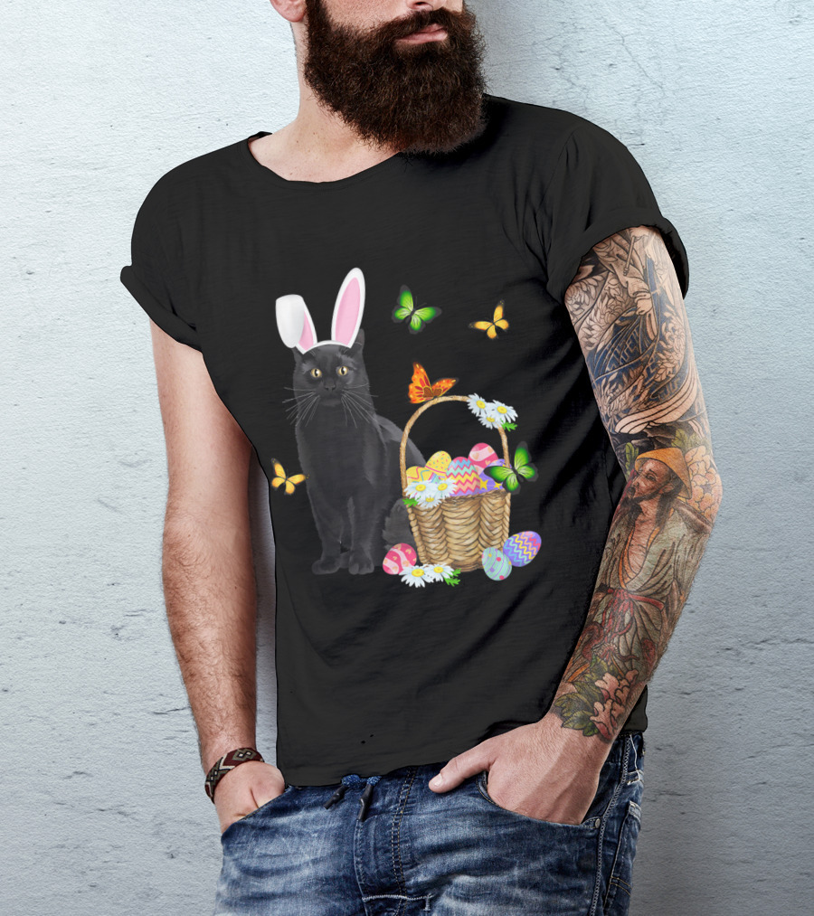 Black Cat Wearing Bunny Hat With Easter Eggs And Butterflies Basket T-Shirt