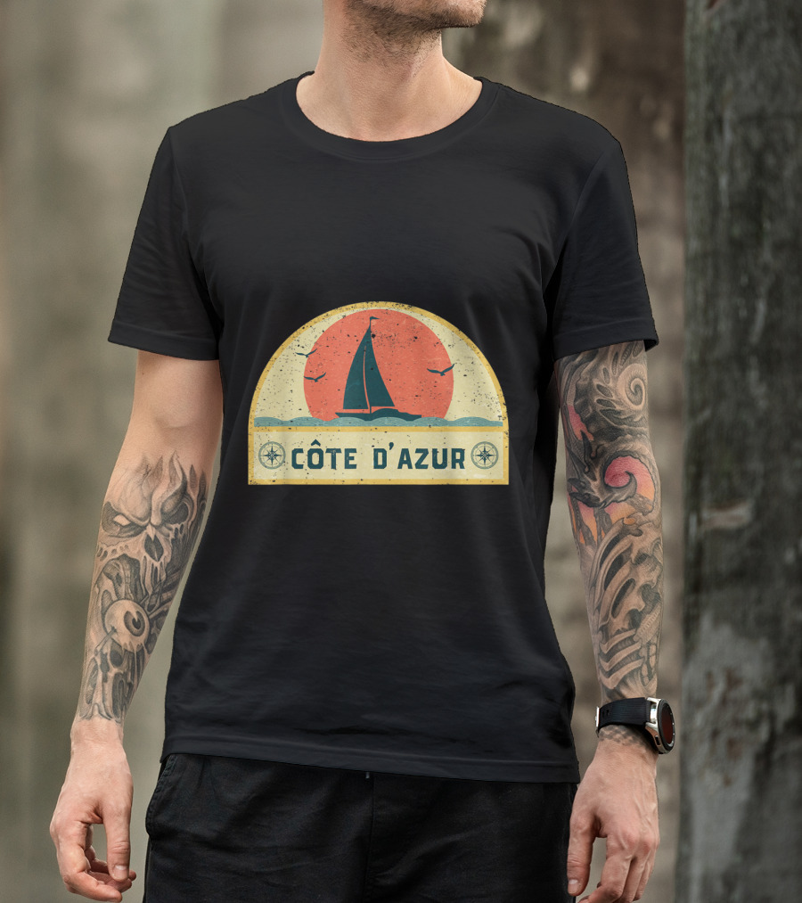 Côte D'Azur Vintage Sailing Adventure With Sunset And Seagulls T-Shirt