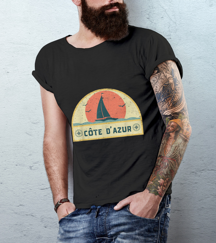 Côte D'Azur Vintage Sailing Adventure With Sunset And Seagulls T-Shirt
