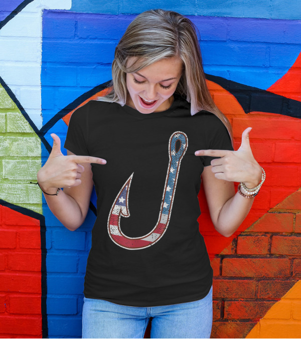 American Flag Patriotic Fish Hook USA T-Shirt