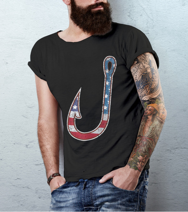 American Flag Patriotic Fish Hook USA T-Shirt
