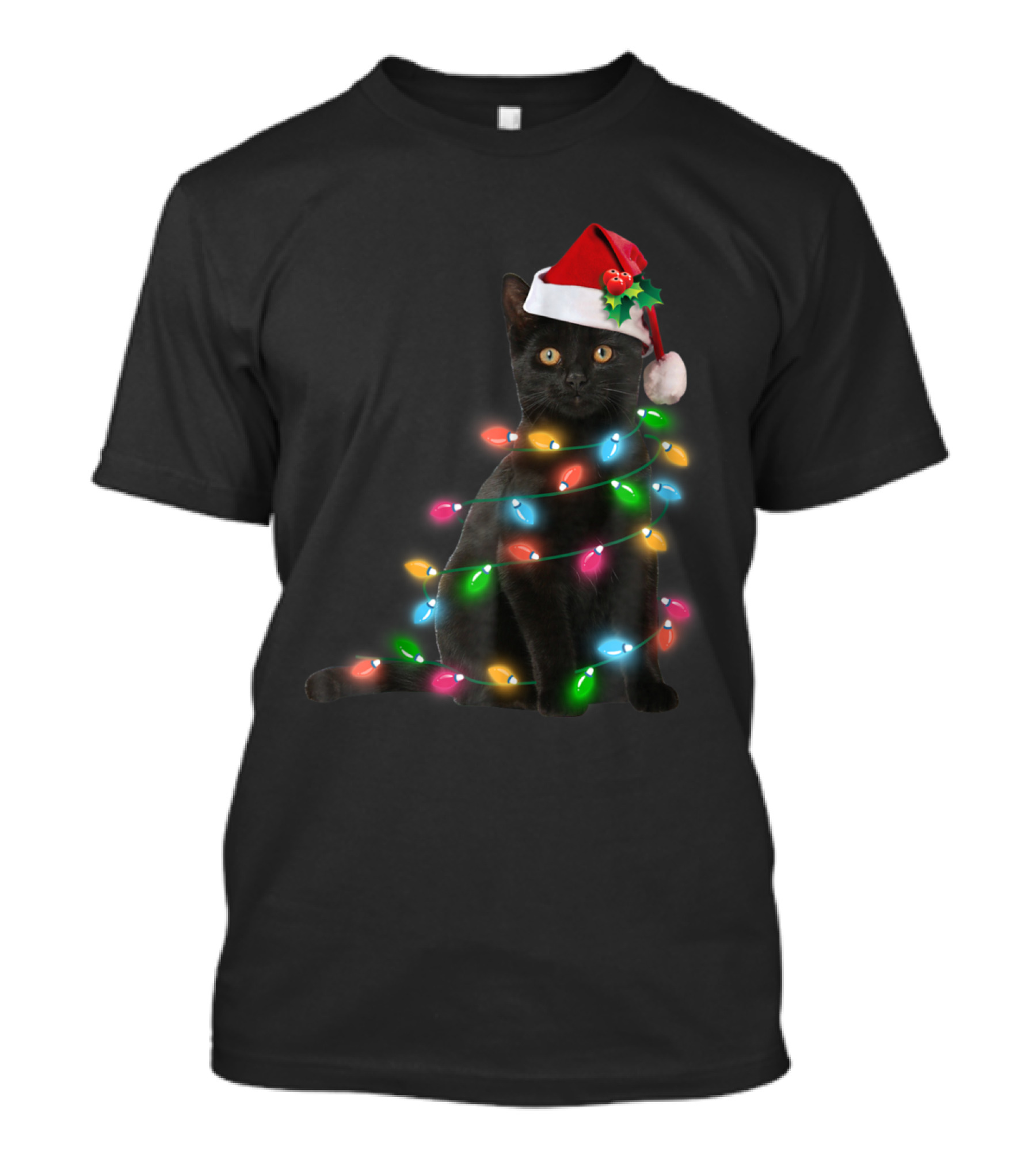 Black Cat Wrapped In Christmas Lights With Santa Hat T-Shirt