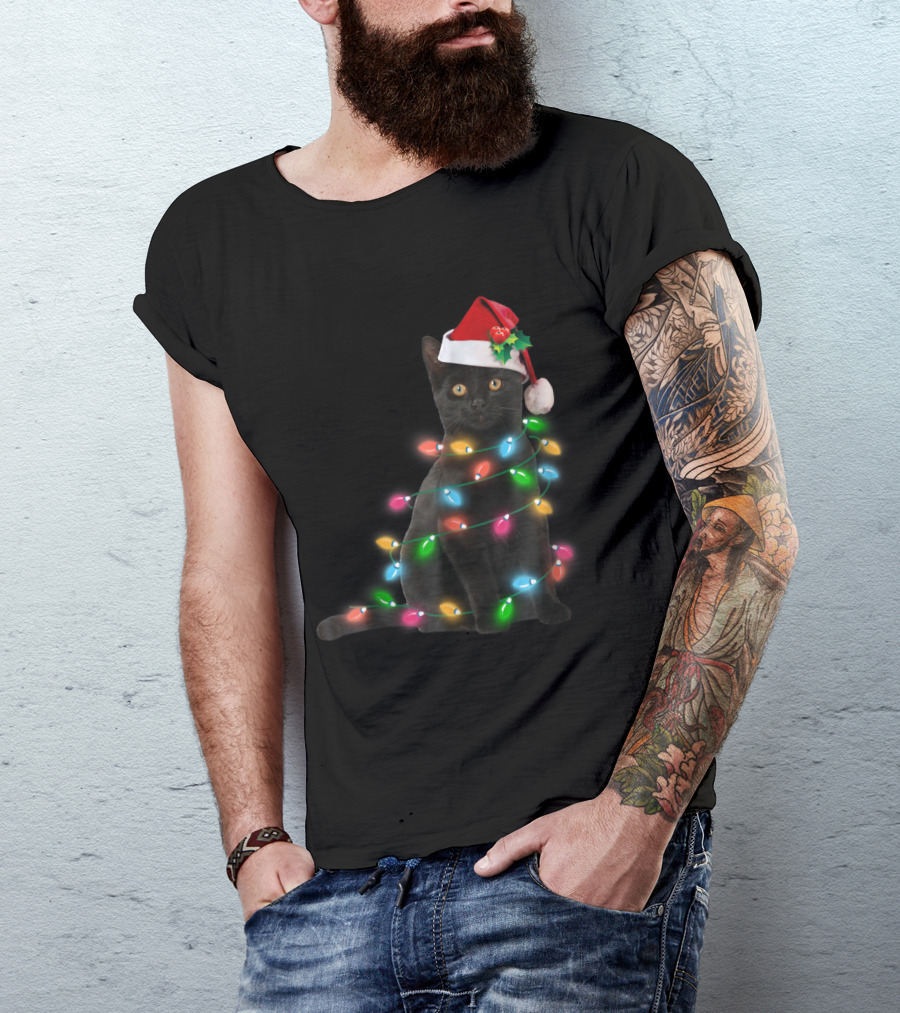 Black Cat Wrapped In Christmas Lights With Santa Hat T-Shirt